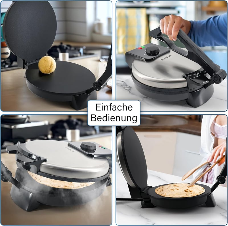StarBlue 25cm Elektromos Roti Készítő Gép 1200W Tapadásmentes Bevonattal, Ingyenes Melegentartóval és Levehető Fogantyúval