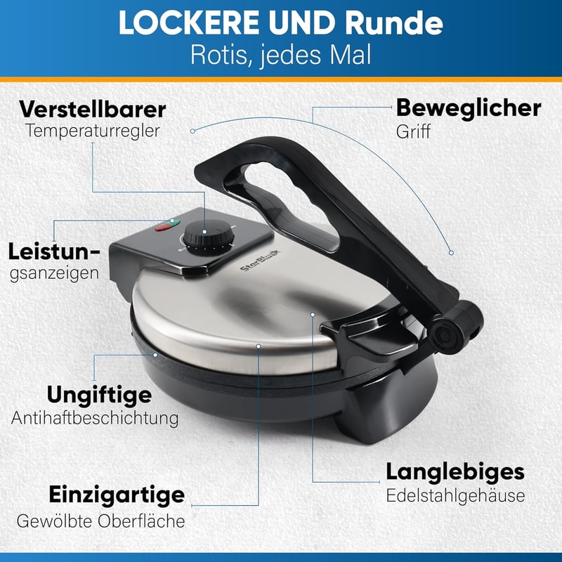 StarBlue 25cm Elektromos Roti Készítő Gép 1200W Tapadásmentes Bevonattal, Ingyenes Melegentartóval és Levehető Fogantyúval