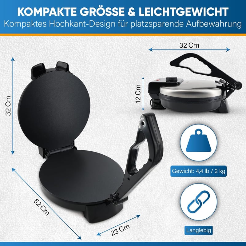 StarBlue 25cm Elektromos Roti Készítő Gép 1200W Tapadásmentes Bevonattal, Ingyenes Melegentartóval és Levehető Fogantyúval