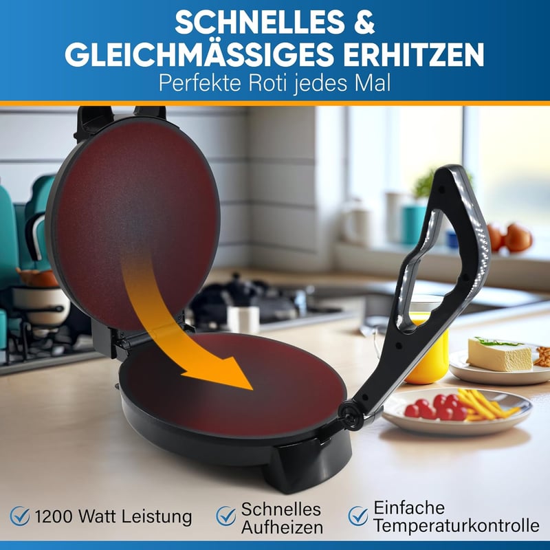 StarBlue 25cm Elektromos Roti Készítő Gép 1200W Tapadásmentes Bevonattal, Ingyenes Melegentartóval és Levehető Fogantyúval