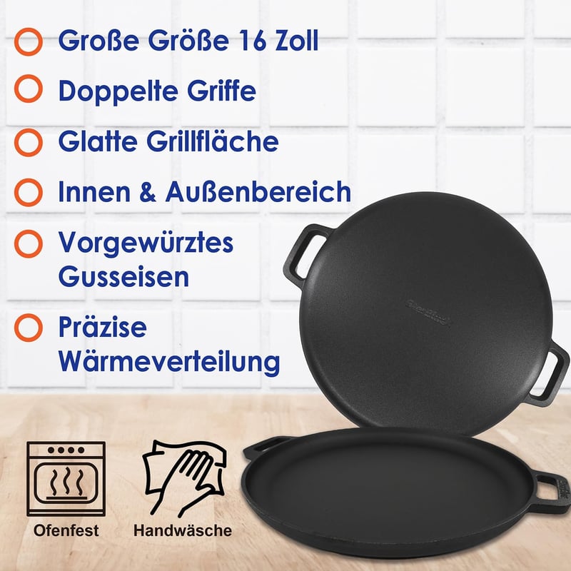 StarBlue 40,6 cm öntöttvas pizzasütő kerek grillpan szilikon fogantyúval