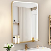 STARLEAD Fürdőszobai LED Tükör 80x60 cm Polccal - Arany Fém Keret, Fényerőszabályzás, 3 Színhőmérséklet, Páramentesítő, IP44 Vízálló 1
