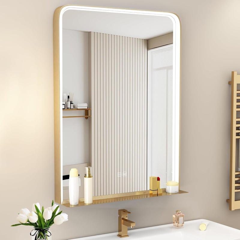 STARLEAD Fürdőszobai LED Tükör 80x60 cm Polccal - Arany Fém Keret, Fényerőszabályzás, 3 Színhőmérséklet, Páramentesítő, IP44 Vízálló