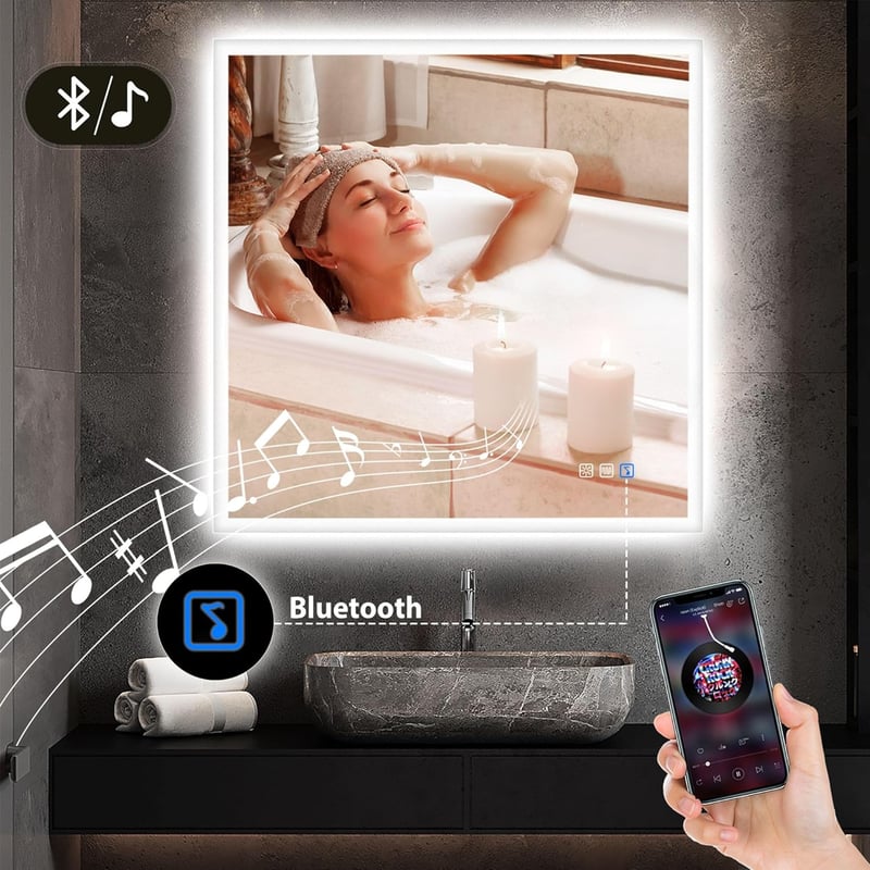 STARLEAD Fürdőszobai LED Tükör 80x80 cm - Fényerőszabályzós, 3 Színhőmérséklet, Páramentesítő, Bluetooth Hangszóró, IP44 Vízálló, Edzett Üveg