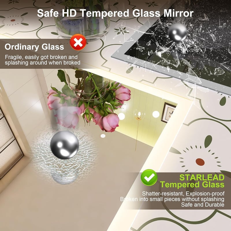 STARLEAD Fürdőszobai LED Tükör 80x80 cm - Fényerőszabályzós, 3 Színhőmérséklet, Páramentesítő, Bluetooth Hangszóró, IP44 Vízálló, Edzett Üveg