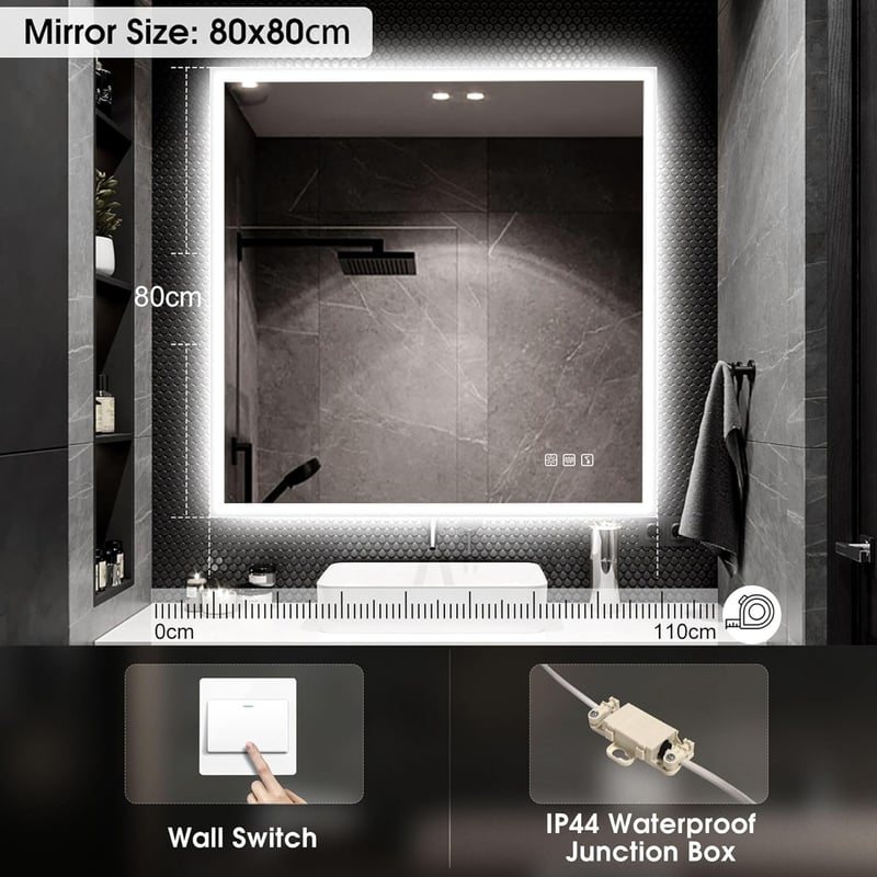 STARLEAD Fürdőszobai LED Tükör 80x80 cm - Fényerőszabályzós, 3 Színhőmérséklet, Páramentesítő, Bluetooth Hangszóró, IP44 Vízálló, Edzett Üveg