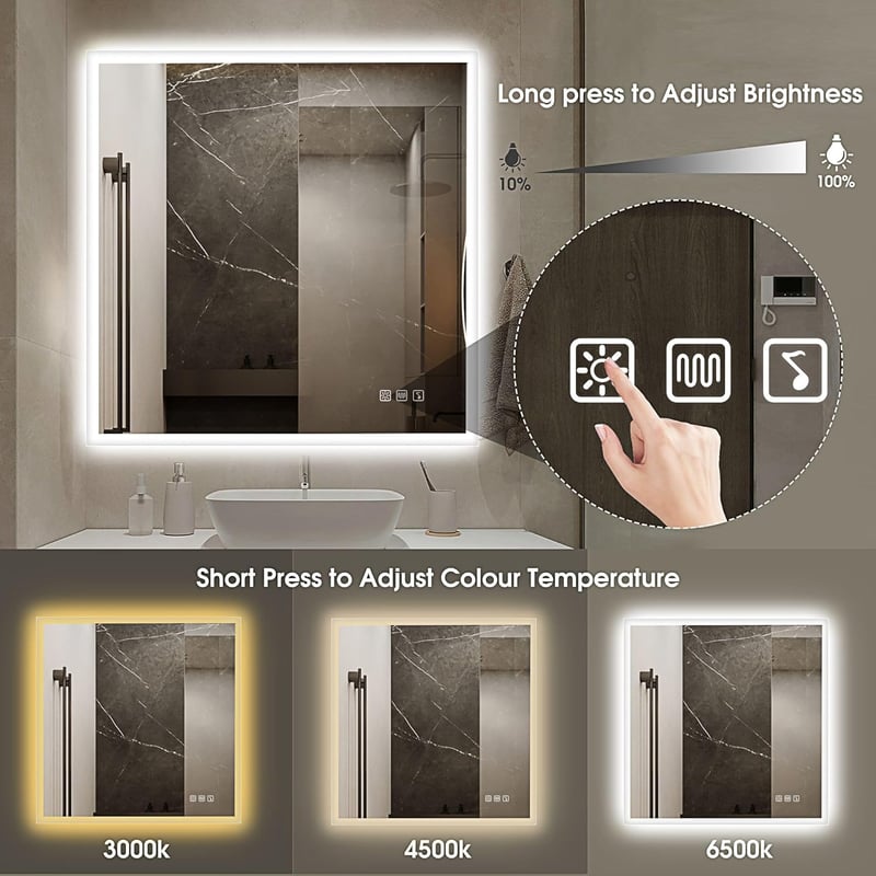STARLEAD Fürdőszobai LED Tükör 80x80 cm - Fényerőszabályzós, 3 Színhőmérséklet, Páramentesítő, Bluetooth Hangszóró, IP44 Vízálló, Edzett Üveg