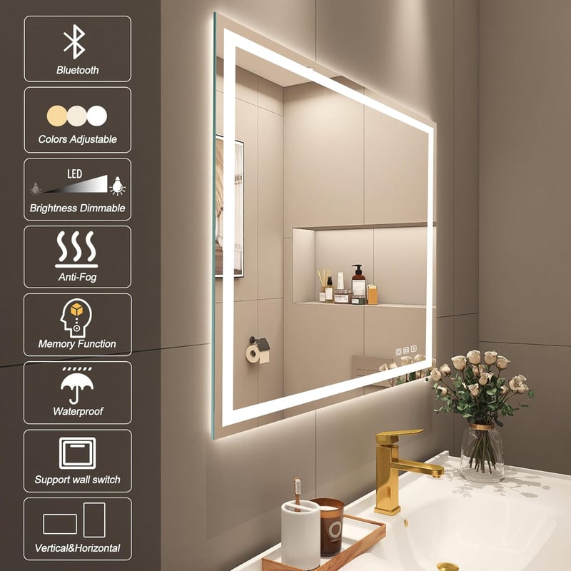 STARLEAD Fürdőszobai Tükör LED Világítással - 60x80 cm, Fényerőszabályzás, 3 Színhőmérséklet, Páramentesítő, Bluetooth Hangszóró, IP44 Edzet