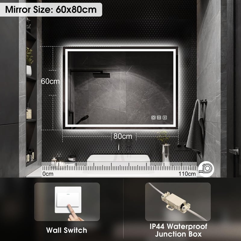 STARLEAD Fürdőszobai Tükör LED Világítással - 60x80 cm, Fényerőszabályzás, 3 Színhőmérséklet, Páramentesítő, Bluetooth Hangszóró, IP44 Edzet