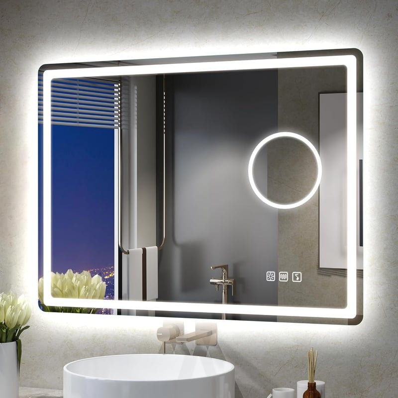 STARLEAD Fürdőszobai Tükör Szabályozható LED Világítással, 3 Színhőmérséklet, Bluetooth Hangszórók, Páramentesítő, 5x Nagyítás, IP44 Vízálló