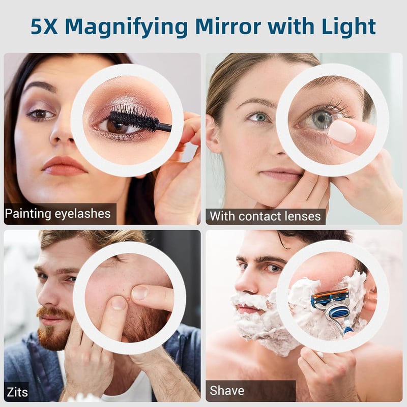 STARLEAD Fürdőszobai Tükör Szabályozható LED Világítással, 3 Színhőmérséklet, Bluetooth Hangszórók, Páramentesítő, 5x Nagyítás, IP44 Vízálló