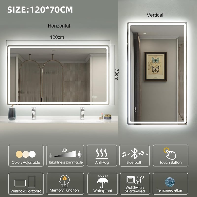 STARLEAD Nagy Fürdőszobai Tükör LED Világítással 120 x 70 cm- Szabályozható Fényerő, 3 Színhőmérséklet, Páramentesítő, Bluetooth Hangszóró, Edzett Üveg
