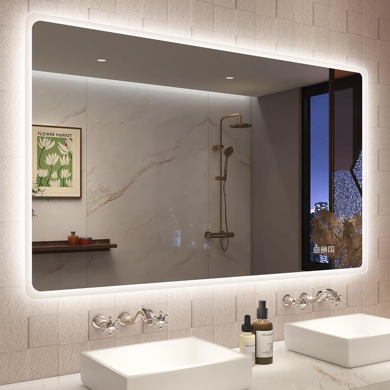 STARLEAD Nagy Fürdőszobai Tükör Szabályozható LED Világítással 120x70 cm, 3 Színhőmérséklet, Bluetooth Hangszóró, Páramentesítő, IP44 Vízálló, 