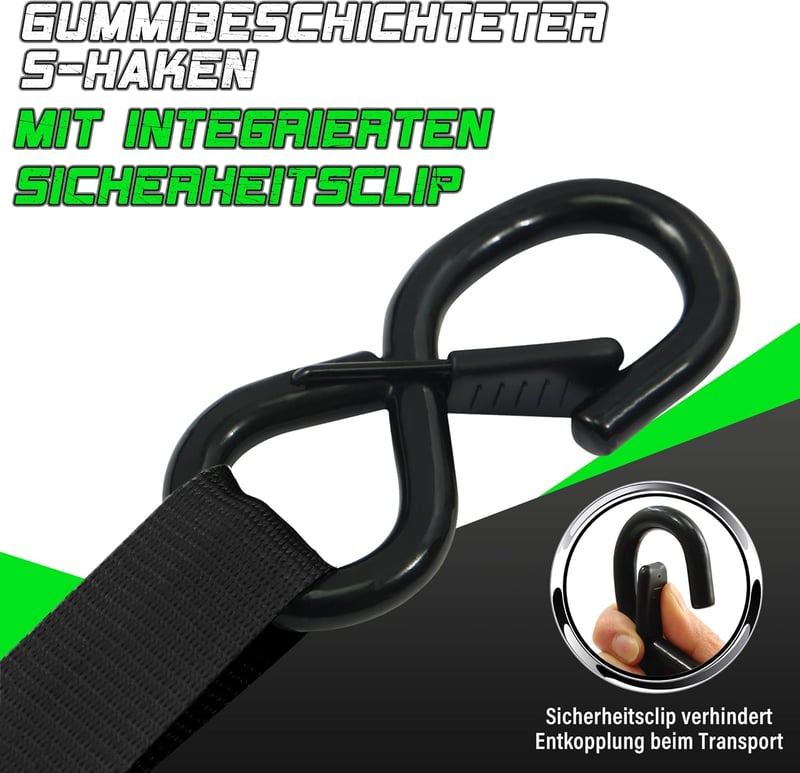 StarLeaparts 4db Automatikus Spanifer S-horoggal 3.6m x 25mm 340kg Fekete - 4 Stück S-Haken, black