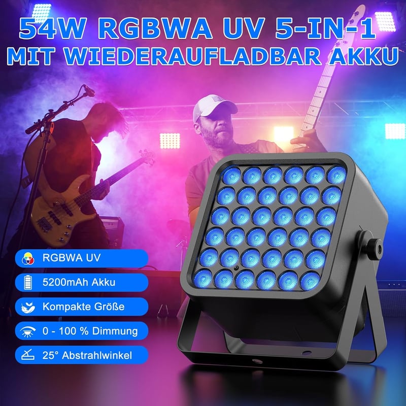 Starlitflow 54W RGBWA UV LED Par Reflektor Akkumulátoros Távirányítóval Diszkó Parti Fény