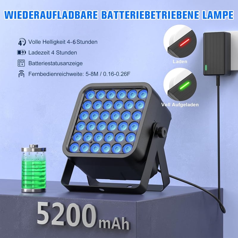 Starlitflow 54W RGBWA UV LED Par Reflektor Akkumulátoros Távirányítóval Diszkó Parti Fény