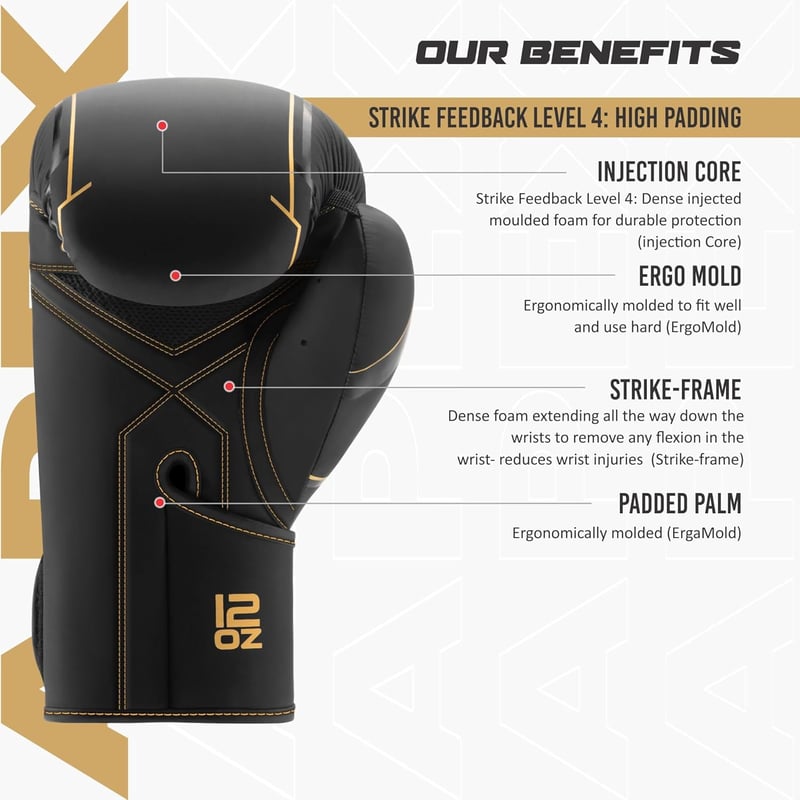 Starpro Premium Boxkesztyű Valódi Bőr Piros-Fekete Profi Edzés Muay Thai Kickboxing - 12oz, Dourado/Preto
