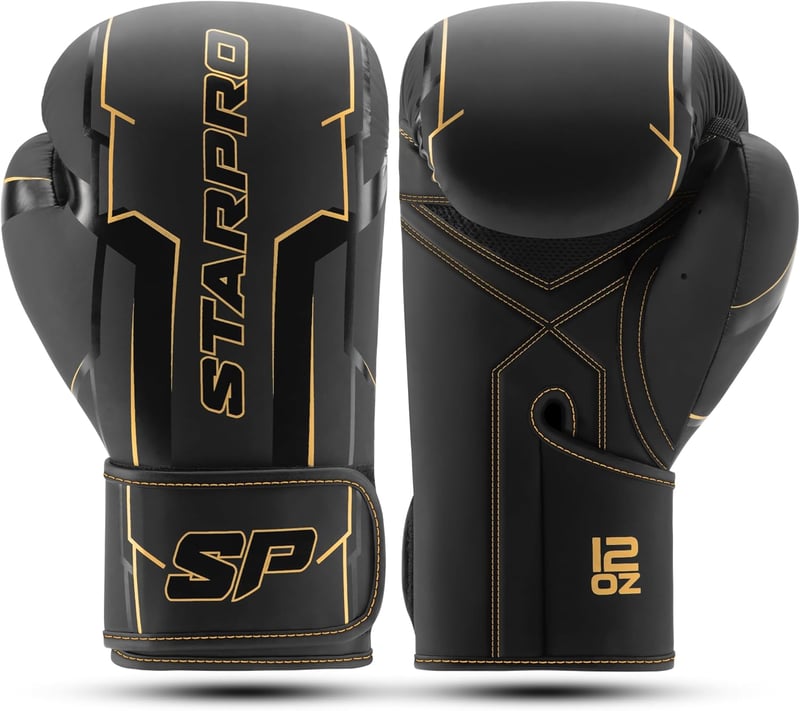 Starpro Premium Boxkesztyű Valódi Bőr Piros-Fekete Profi Edzés Muay Thai Kickboxing - 12oz, Dourado/Preto