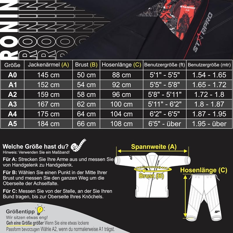 Starpro Ronin BJJ Gi 355g Bumbac Amestec Kimono Alb Negru Unisex Artă Marțială Haine de Antrenament Competiție