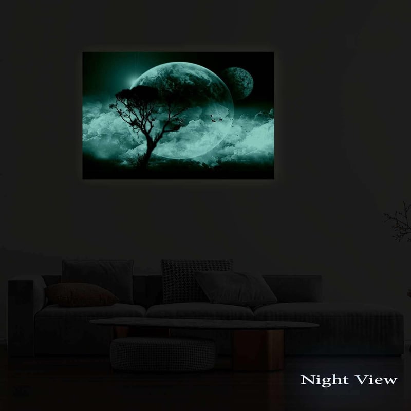 Startonight Pictures Hold és Fa Vászonkép - Modern Fali Dekoráció 60x90 cm, Nappali-Éjszakai Fényhatással, Hálószoba Falidekoráció