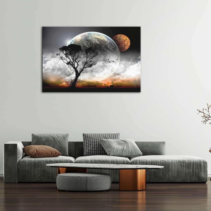 Startonight Pictures Hold és Fa Vászonkép - Modern Fali Dekoráció 60x90 cm, Nappali-Éjszakai Fényhatással, Hálószoba Falidekoráció