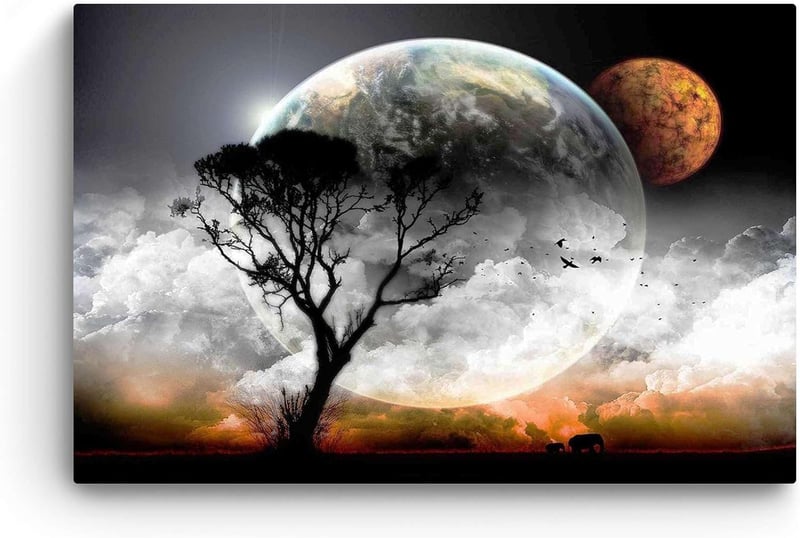 Startonight Pictures Hold és Fa Vászonkép - Modern Fali Dekoráció 60x90 cm, Nappali-Éjszakai Fényhatással, Hálószoba Falidekoráció
