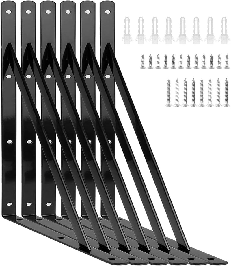 STARVAST Polctartó Konzol 6 db 90 Fokos Acél Háromszög Tartó 400x250mm Fekete Fali Rögzítéssel Csavarokkal