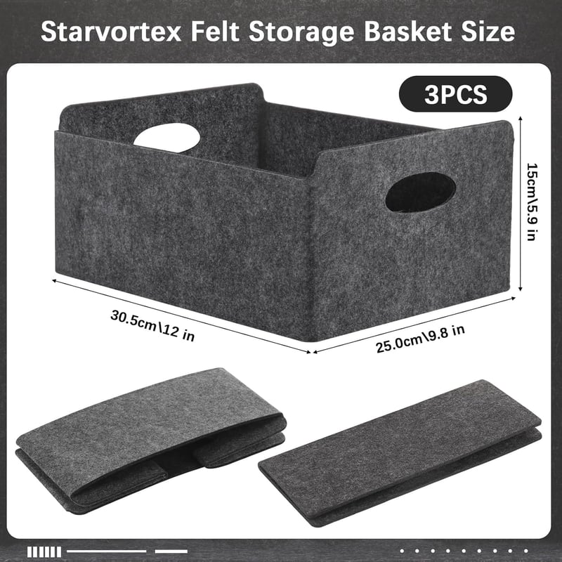 Starvortex 3 db szürke filc tárolódoboz szett, összecsukható fogantyúval, 30x25x15 cm