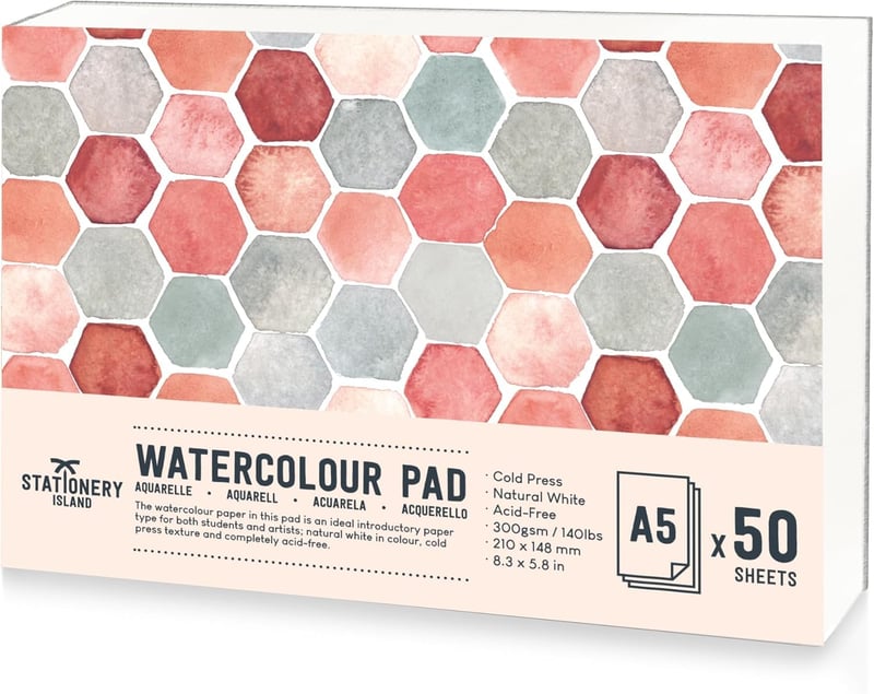 Bloc de hârtie pentru acuarelă Stationery Island A5, 300g, 50 de coli, hârtie pentru acuarelă pentru începători și studenți, caiet de schițe