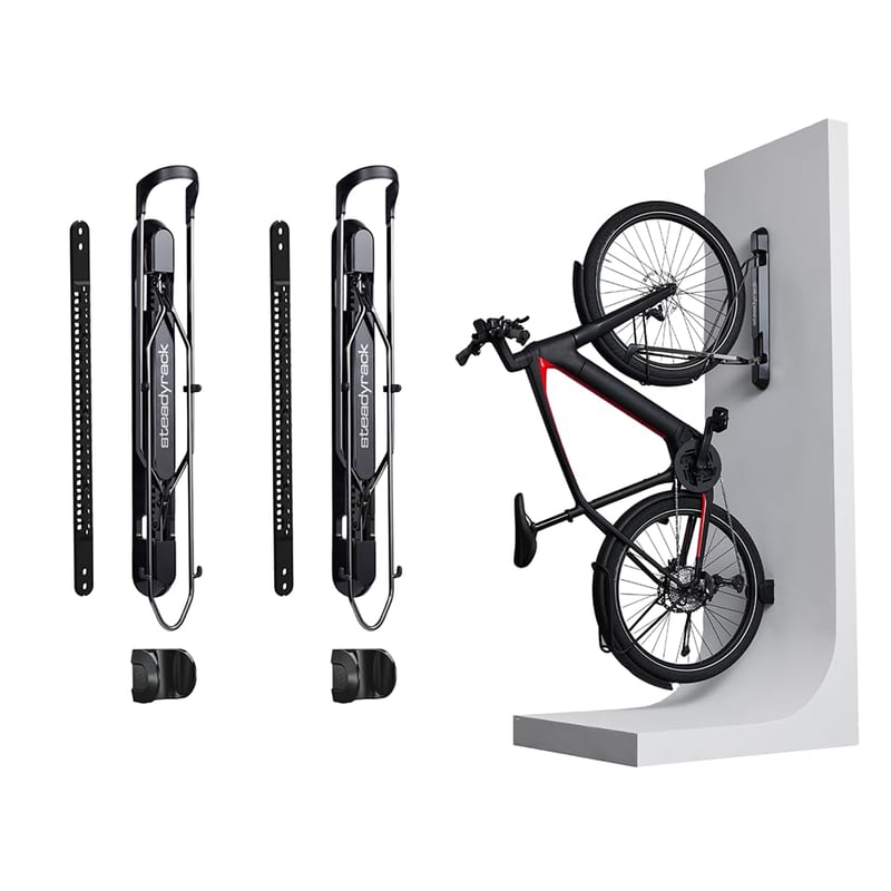 Nástenný držiak na bicykel Steadyrack ProFlex Wide – Skladateľný vertikálny držiak na elektrobicykle, MTB a gravel bicykle – Skladovanie v garáži alebo pivnici – Balenie 2 ks