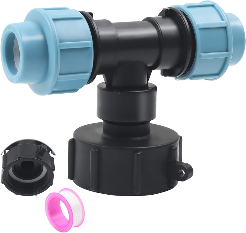 STEEIRO IBC Tank Adapter S60X6 Menetes Csatlakozó, Háromágú T-Idom 25mm Csőhöz, Esővíz Tartály Összekötő Fekete-Kék