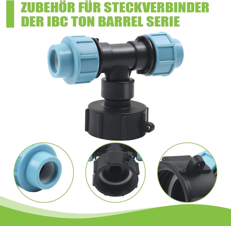 STEEIRO IBC Tank Adapter S60X6 Menetes Csatlakozó, Háromágú T-Idom 25mm Csőhöz, Esővíz Tartály Összekötő Fekete-Kék