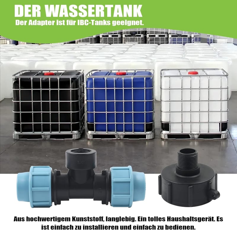 STEEIRO IBC Tank Adapter S60X6 Menetes Csatlakozó, Háromágú T-Idom 25mm Csőhöz, Esővíz Tartály Összekötő Fekete-Kék