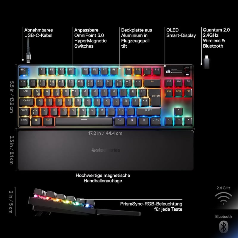 SteelSeries Apex Pro TKL Wireless Gen 3 Gamer Billentyűzet Hall Effect Kapcsolók - Wireless Schwarz (2025), French AZERTY