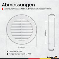 Steinberg14 Fehér Szellőzőrács 150 mm - Műanyag Elszívó Rács Kerek Peremmel Fal és Mennyezet Beltéri Szereléshez 5