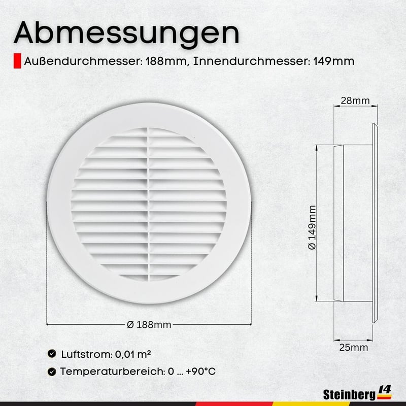 Steinberg14 Fehér Szellőzőrács 150 mm - Műanyag Elszívó Rács Kerek Peremmel Fal és Mennyezet Beltéri Szereléshez