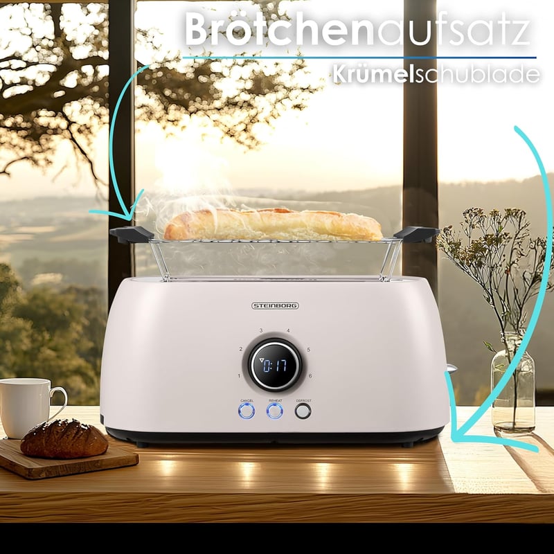 Steinborg 4 szeletes kenyérpirító hosszú nyílással, rozsdamentes acél, automata kikapcsolás, LED kijelző