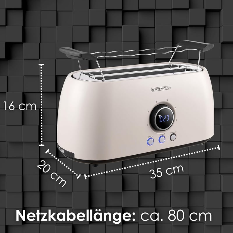 Steinborg 4 szeletes kenyérpirító hosszú nyílással, rozsdamentes acél, automata kikapcsolás, LED kijelző
