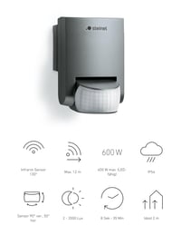 Senzor de mișcare Steinel IS 130-2 antracit, senzor PIR 130°, rază de acțiune 12 m, IP54, pentru utilizare la interior și exterior, 230V 4