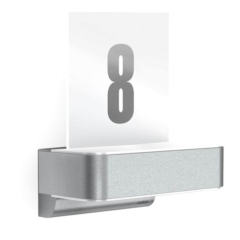 Lampă de exterior LED Steinel L 820 SC Connect cu iluminare pentru numărul casei, senzor de mișcare 160°, 9,8 W, 3000 K, lampă de perete inteligentă, reglabilă, argintie