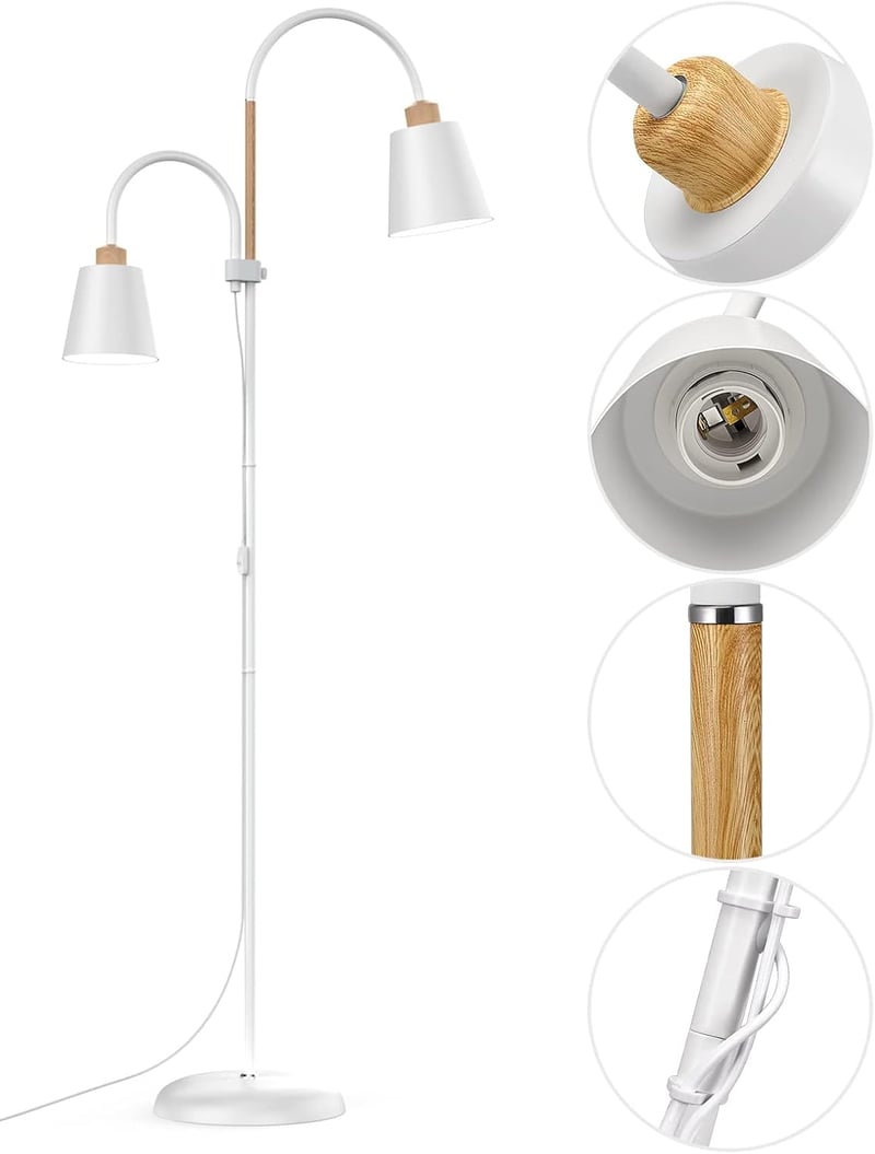 STEO Valis Állólámpa Olvasólámpával - 159 cm Magas Fehér Fém Padlólámpa 2 Forgatható Lámpafejes E27 Foglalattal, 60W - Nappali, Hálószoba, I
