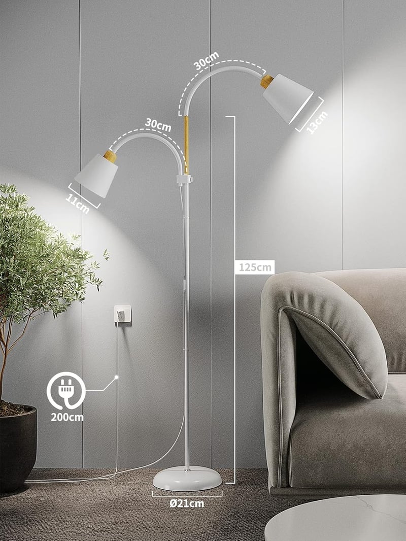 STEO Valis Állólámpa Olvasólámpával - 159 cm Magas Fehér Fém Padlólámpa 2 Forgatható Lámpafejes E27 Foglalattal, 60W - Nappali, Hálószoba, I