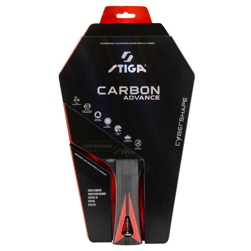 Paletă de tenis de masă STIGA Carbon Advance Cybershape - structură din 5+2 straturi de lemn și fibră de carbon, cu fețe Star Advance, Sweet Spot extins