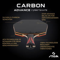 Paletă de tenis de masă STIGA Carbon Advance Cybershape - structură din 5+2 straturi de lemn și fibră de carbon, cu fețe Star Advance, Sweet Spot extins 3
