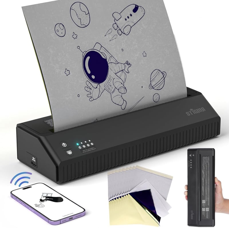 STIGMA Bluetooth Tetoválás Stencil Nyomtató - Fekete Mini Hőtranszfer Készülék 2500 mAh Akkumulátorral, 10 db Transzferpapírral, 300 DPI - black
