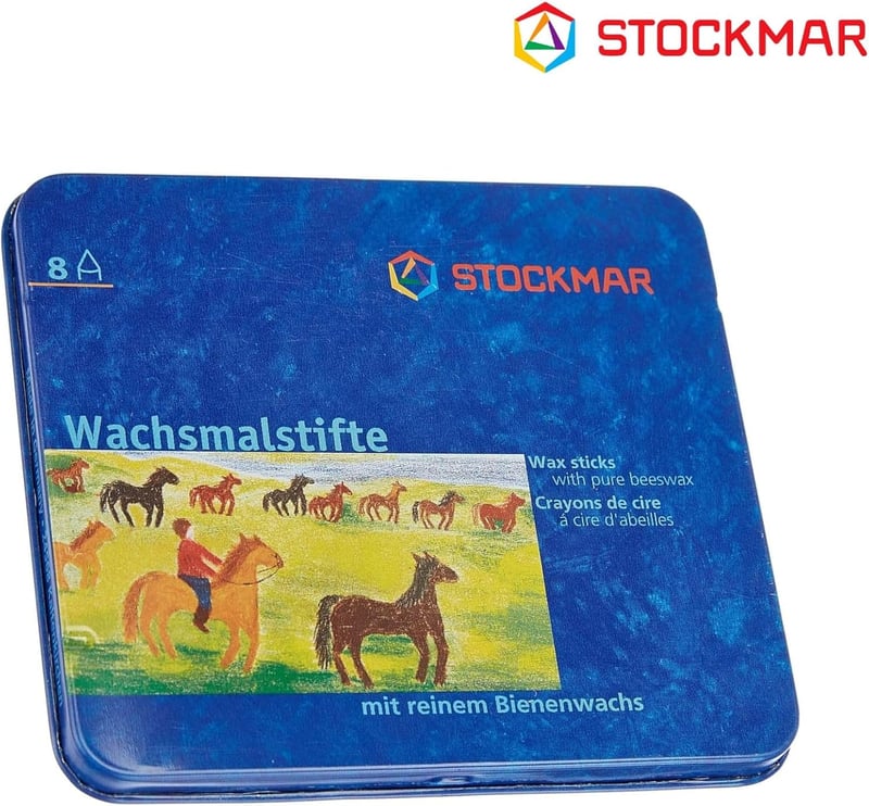 Stockmar Méhviasz Zsírkréta Készlet - 8 Színes Kréta Fémdobozban, Vízálló, 83 mm, 2 Éves Kortól, Rajzoláshoz és Színezéshez