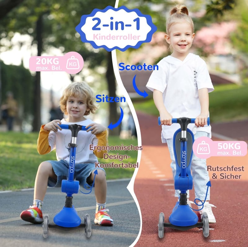 Stompa Roller 2 az 1-ben Gyerekroller LED Kerekekkel 2-50 kg