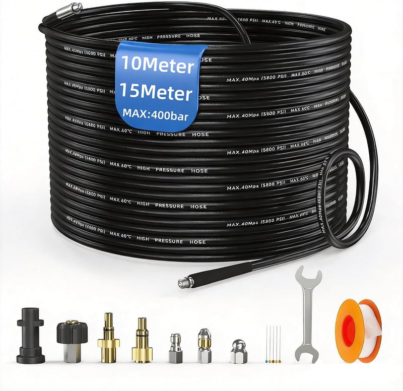Set furtun de curățare țevi Stone Banks de 15 m cu duze fixe și rotative pentru aparate de spălat cu presiune Kärcher K2-K7, M22, Lavor și Bosch AQT