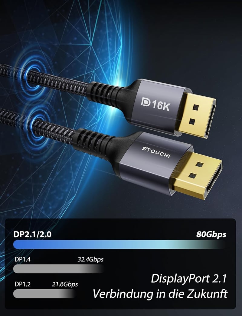Stouchi 2.5m DisplayPort 2.1 kábel 8K@120Hz 4K@240Hz 165Hz gaming monitor