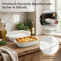 Sada keramických zapekacích mís STOUCLA, 2 ks obdĺžnikových foriem na lasagne s úchytkami, 600 ml, biele, odolné proti poškriabaniu, vhodné na zapekanie a tiramisu, vhodné do umývačky riadu 3